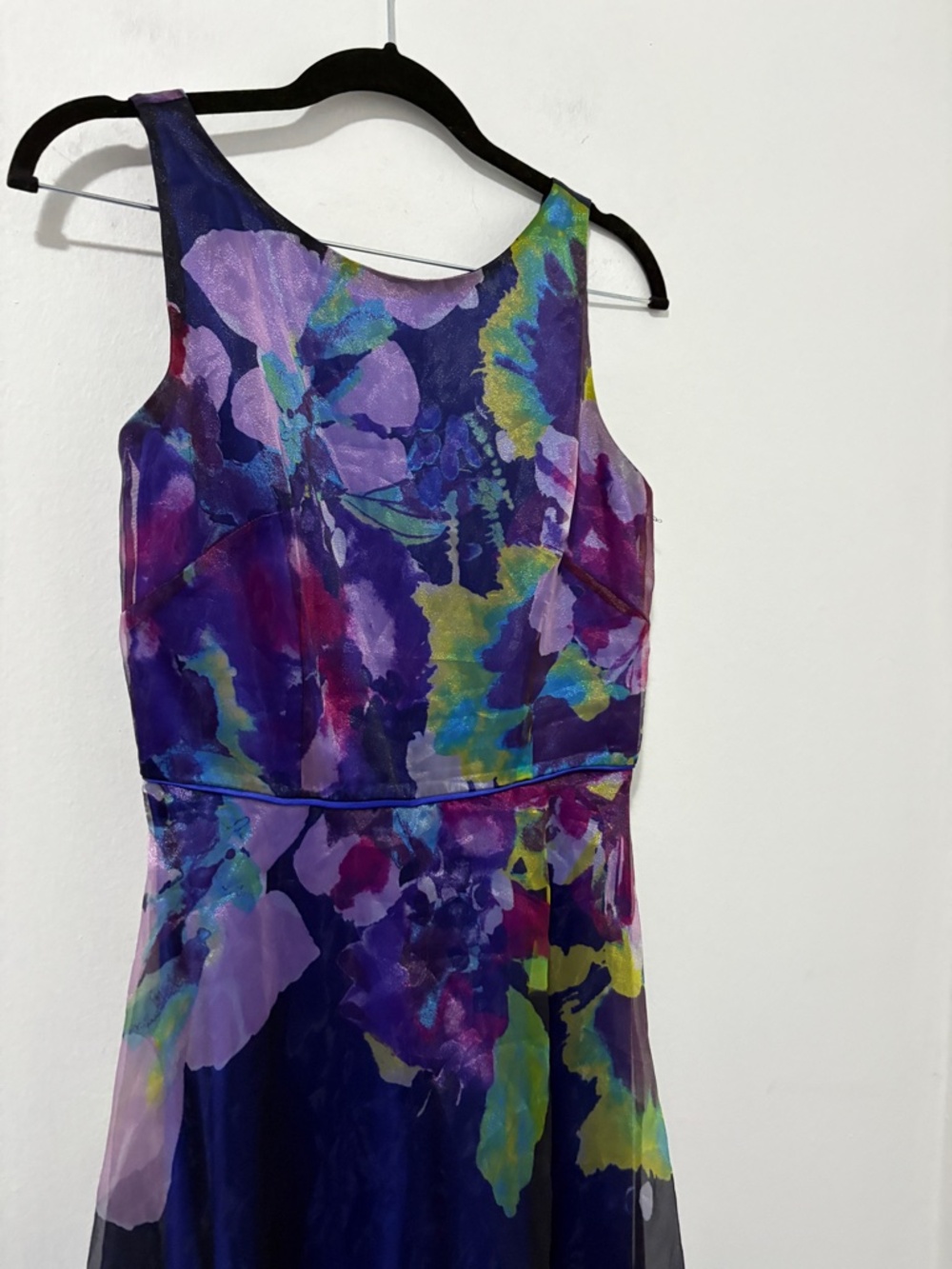 Tahari Navy Floral-Print Maxi Dress with Purple, Green and Pink Accents - Picture 4 of 7